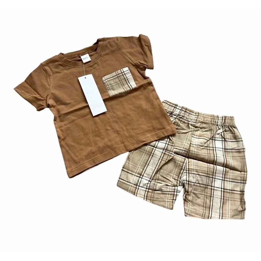 NWT Baby Boys Boutique Peppy Mini 2 Piece Summer Plaid Outfit - Sz 12 mo